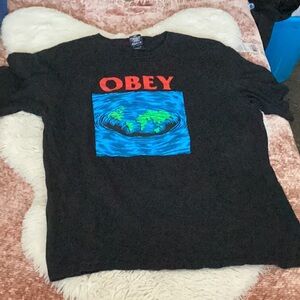 Obey Black Tee with Red and Blue Graphic